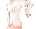  ass bottomless chest covered_nipples covering covering_crotch head_out_of_frame male_focus original ri-ru shirt simple_background solo t-shirt water wet wet_clothes white_background white_shirt 