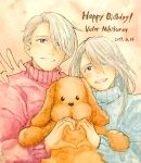  2boys blue_eyes character_name dog dual_persona hair_over_one_eye happy_birthday heart heart_hands heart_hands_duo jewelry makkachin male_focus multiple_boys ring silver_hair sweater takeshi_(mononohu20) teenage time_paradox turtleneck turtleneck_sweater viktor_nikiforov younger yuri!!!_on_ice 