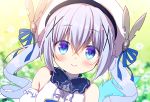  adapted_costume alternate_hairstyle blue_eyes blue_hair blurry blurry_background commentary detached_sleeves field flower flower_field gochuumon_wa_usagi_desu_ka? hair_ornament hat kafuu_chino kirara_fantasia long_hair looking_at_viewer low_twintails portrait sasai_saji smile solo twintails twitter_username x_hair_ornament 