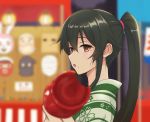  alternate_costume black_hair blurry candy_apple commentary_request depth_of_field festival food food_on_face japanese_clothes kantai_collection kimono kodama_(user_rnfr3534) long_hair looking_at_viewer mask ponytail red_eyes sidelocks solo summer_festival yahagi_(kantai_collection) yukata 