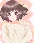  akiyama_yukari bangs character_name chestnut_mouth commentary eyebrows_visible_through_hair girls_und_panzer lips long_sleeves looking_at_viewer off_shoulder open_mouth pamchapyuzu polka_dot polka_dot_background pulled_by_self ribbed_sweater shirt_pull short_hair solo standing sweater upper_body 