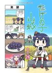  5girls ahoge bamboo_shoot bird black_hair black_serafuku blue_eyes braid comic commentary_request detached_sleeves double_bun dress eating food fruit grapes grey_hair hair_bun hair_flaps hair_ornament hair_over_shoulder hat henohenomoheji highres japanese_clothes jun'you_(kantai_collection) kantai_collection light_brown_hair long_hair michishio_(kantai_collection) mini_hat multiple_girls nontraditional_miko onigiri outdoors peaked_cap pinafore_dress pola_(kantai_collection) purple_hair remodel_(kantai_collection) scarecrow school_uniform seiran_(mousouchiku) serafuku shigure_(kantai_collection) shirt short_hair short_twintails single_braid sky spiked_hair spoken_sweatdrop sweatdrop translation_request twintails wavy_hair white_shirt yamashiro_(kantai_collection) 