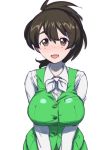  alternate_costume bangs black_ribbon breasts brown_eyes brown_hair commentary_request dress_shirt eyebrows_visible_through_hair girls_und_panzer green_skirt green_vest hair_ribbon highres koyama_yuzu large_breasts long_sleeves looking_at_viewer medium_hair neck_ribbon office_lady onsen_tamago_(hs_egg) open_mouth ribbon shirt short_ponytail simple_background skirt smile solo standing upper_body v_arms vest white_background white_neckwear white_shirt wing_collar 