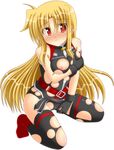  bare_shoulders belt blonde_hair blush breasts fate_testarossa gloves highres lask long_hair lyrical_nanoha mahou_shoujo_lyrical_nanoha_strikers medium_breasts nipples red_eyes solo tears thighhighs torn_clothes 