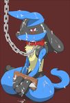  abuse ambiguous_gender bdsm bound chain convenient_censorship cum cum_covered excessive_cum forced gackt lucario messy nintendo nude open_mouth plain_background pok&#233;mon pokemon red_background red_eyes sitting solo tears video_games 