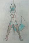 anthro breasts canine clothing colored_pencil_(artwork) dancing drelife eyewear female glasses jackal looking_at_viewer mammal mostly_nude pole pole_dancing pussy solo traditional_media_(artwork) uniform 