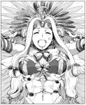  1girl ^_^ ^o^ abs bare_shoulders bell bikini closed_eyes eyes_closed fate/grand_order fate_(series) greyscale headdress long_hair monochrome navel piercing quetzalcoatl_(samba_santa)_(fate) solo star swimsuit syatey 