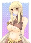  agrias_oaks blonde_hair blush braid breast_slip breasts brown_eyes dancer_(fft) final_fantasy final_fantasy_tactics groin huge_breasts impossible_clothes impossible_shirt long_hair midriff navel pocopoco shirt solo tank_top 