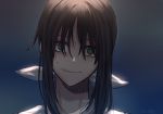  bangs bow brown_hair empty_eyes green_eyes hair_between_eyes hair_ribbon hanebado! hanesaki_ayano hichi(hichi) long_hair looking_at_viewer ribbon shirt short_hair simple_background smile solo sweat white_bow white_ribbon 