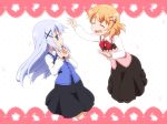  arm_up bangs black_skirt blue_bow blue_eyes blue_hair blue_vest bow brown_skirt collared_shirt commentary_request eyebrows_visible_through_hair gochuumon_wa_usagi_desu_ka? hair_between_eyes hair_ornament hairclip hoto_cocoa jitome kafuu_chino kafuu_chino's_school_uniform light_brown_hair long_hair long_sleeves multiple_girls parody pink_vest pleated_skirt polka_dot polka_dot_background red_bow shirosato shirt skirt tonari_no_kyuuketsuki-san triangle_mouth uniform very_long_hair vest waitress white_background white_shirt x_hair_ornament 