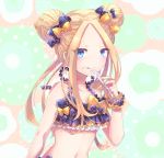  abigail_williams_(fate/grand_order) alternate_hairstyle bangs bare_shoulders bikini black_bikini black_bow black_hat blonde_hair blue_eyes blush bow breasts closed_mouth collarbone commentary_request double_bun emerald_float fate/grand_order fate_(series) forehead fork frilled_bikini frills fuji_den_fujiko hair_bow hat licking_lips long_hair looking_at_viewer navel orange_bow parted_bangs polka_dot polka_dot_bow scrunchie small_breasts solo swimsuit tongue tongue_out wrist_scrunchie 