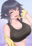  ;d bangs bare_shoulders black_bra black_hair blush bra braid breasts cleavage_cutout collarbone girls_und_panzer large_breasts looking_at_viewer navel nigane nose_blush one_eye_closed open_mouth pepperoni_(girls_und_panzer) short_hair side_braid smile solo sports_bra sweat underwear yellow_eyes 