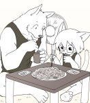  2016 anthro canine chopsticks clothing cup digital_drawing_(artwork) digital_media_(artwork) duo eyewear feline food glasses holding_cup inside male mammal manmosu_marimo monochrome rotary_fan shota_feline_(marimo) simple_background sitting table white_canine_(marimo) young 