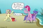  beach bramble dialogue ducktales english_text equine female fluttershy_(mlp) friendship_is_magic hat horse kelpie mammal my_little_pony pegasus pinkie_pie_(mlp) pony riding sand_castle sculpture seaside strebiskunk text wings 