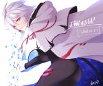  agekichi_(heart_shape) black_bodysuit bodysuit cape hair_between_eyes hood hood_down hooded looking_at_viewer male_focus parted_lips red_eyes red_ribbon ribbon seikaisuru_kado short_hair signature silver_hair solo white_cape yaha-kui_zashunina 