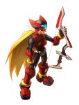  android black_eyes blonde_hair bow_(weapon) commentary_request full_body helmet holding holding_bow_(weapon) holding_weapon inualet33 long_hair male_focus rockman rockman_zero simple_background solo very_long_hair weapon white_background zero_(rockman) 