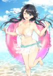  ;d absurdres bare_shoulders barefoot beach bikini black_hair blue_bikini_bottom breasts day feet_out_of_frame hair_ornament hair_ribbon hairclip highres large_breasts leg_up long_hair looking_at_viewer low_twintails midriff navel one_eye_closed open_mouth original ribbon signature smile solo soramichi_megumu swimsuit twintails white_bikini_top 