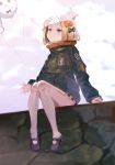  abigail_williams_(fate/grand_order) alternate_hairstyle balloon bandaid_on_forehead bare_legs black_bow black_footwear black_jacket blonde_hair blue_eyes bow cloud cloudy_sky commentary_request crossed_bandaids fate/grand_order fate_(series) foot_dangle forehead fou_(fate/grand_order) full_body hair_bow hair_bun heroic_spirit_traveling_outfit high_collar highres jacket knees_together_feet_apart legs looking_away looking_up mary_janes no_pants no_socks on_wall orange_bow outdoors patch polka_dot polka_dot_bow shoes sitting sky sleeves_past_wrists solo wall yonago_miko 