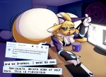  2018 bedroom big_butt blush breasts butt clothing computer cup digimon digital_media_(artwork) dropbox english_text eyewear female fluffy glasses huge_butt hyper hyper_butt looking_at_viewer open_mouth renamon solo table text text_box thick_thighs voluptuous wide_hips zaphod 