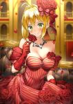 ahoge alternate_costume bare_shoulders blonde_hair bow closed_mouth collarbone dress fate/grand_order fate_(series) flower gloves green_eyes h_shai hair_bow hair_flower hair_intakes hair_ornament holding holding_flower idol_emperor jewelry looking_at_viewer necklace nero_claudius_(fate) nero_claudius_(fate)_(all) petals pinstripe_pattern red_bow red_flower red_gloves red_rose rose rose_petals short_hair smile solo strapless strapless_dress striped striped_bow upper_body 