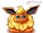  2013 :3 ambiguous_gender black_nose blue_eyes canine chest_tuft chibi eeveelution feral flareon fluffy fur long_ears looking_at_viewer lying mammal nintendo on_front orange_fur pok&eacute;mon pok&eacute;mon_(species) smile smiling_at_viewer solo tuft video_games wide_eyed xerawraps yellow_fur 