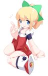  1girl blonde_hair blue_eyes blush_stickers bow child dress female hair_bow karukan_(monjya) open_mouth ponytail rockman rockman_(classic) roll simple_background sitting solo wariza white_background 