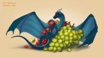  2018 3_toes 4_fingers barefoot belly_scales blue_scales claws deanosaior digital_media_(artwork) dragon feral food front_view fruit garo_(garoshadowscale) grapes happy hindpaw horn long_neck looking_at_viewer lying male membranous_wings nude orange_background paws quadruped reclining reptile scales scalie shaded shadow simple_background size_difference smile snout solo stripe stripes teal_scales toe_claws toes western_dragon wings 