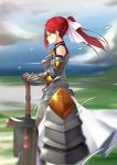  armor armored_dress bow breastplate character_request cloud cloudy_sky day dress faulds floating_hair from_side gauntlets goemon1110 hair_bow hands_on_hilt highres long_hair looking_down outdoors ponytail red_eyes red_hair sidelocks sky sleeveless sleeveless_dress solo standing white_bow white_dress 