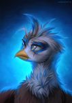  2018 avian beak blue_background blue_eyes blue_theme bust_portrait digital_media_(artwork) eye_scar eyelashes feral front_view gryphon margony my_little_pony portrait scar simple_background solo yellow_beak 