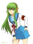  armband bangs blue_sailor_collar blue_skirt c.c. code_geass cosplay eyebrows_visible_through_hair floating_hair green_hair hair_between_eyes hair_ribbon hairband hand_on_ass hand_on_lap highres kita_high_school_uniform leaning_to_the_side long_hair long_sleeves miniskirt neck_ribbon pleated_skirt red_ribbon ribbon sailor_collar school_uniform setu_kurokawa shirt simple_background skirt smile solo standing suzumiya_haruhi suzumiya_haruhi_(cosplay) suzumiya_haruhi_no_yuuutsu very_long_hair white_background white_shirt yellow_eyes yellow_hairband yellow_ribbon 