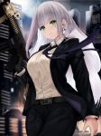  assault_rifle bangs belt black_jacket black_pants blunt_bangs blurry blurry_background blush breasts buckle cityscape closed_mouth collared_shirt commentary cowboy_shot earrings eyebrows_visible_through_hair facial_mark floating_hair girls_frontline gloves green_eyes gun heckler_&amp;_koch highres hk416 hk416_(girls_frontline) holding holding_gun holding_weapon jacket jewelry large_breasts long_hair looking_at_viewer necktie outdoors pants piukute062 rifle shirt sidelocks signature silver_hair solo teardrop very_long_hair weapon white_shirt wind wind_lift 