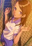  brown_eyes brown_hair gym_shorts gym_uniform hair_ornament hairclip hands_up highres long_hair looking_at_viewer original pairan shorts solo standing 