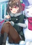  :d ameshizuku_natsuki bangs black_footwear blush boots brown_hair brown_legwear bucket bucket_hat bunny_hair_ornament capelet commentary_request day eyebrows_visible_through_hair fur-trimmed_capelet fur-trimmed_jacket fur-trimmed_sleeves fur_trim green_capelet green_jacket grey_shorts hair_between_eyes hair_ornament hand_on_own_knee hat head_tilt holding holding_shovel jacket long_sleeves looking_at_viewer open_mouth original outdoors pantyhose railing red_eyes short_shorts shorts shovel sitting smile snow snow_bunny snowman solo 