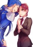  1girl :d bazett_fraga_mcremitz black_pants blue_bodysuit blue_hair bodysuit brown_jacket closed_eyes couple earrings fate/hollow_ataraxia fate_(series) floating_hair formal hair_ornament hair_over_shoulder hand_on_another's_head hand_on_hip jacket jewelry lancer long_hair long_sleeves misoiri_(gokutsubushi) mole mole_under_eye necktie open_mouth pants red_eyes red_hair red_neckwear shirt short_hair shoulder_armor simple_background smile spaulders white_background white_shirt 