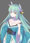  bangs blue_kimono breasts cleavage collarbone cowboy_shot fate/grand_order fate_(series) floating_hair goemon1110 green_eyes green_hair grey_background hair_between_eyes hair_ornament japanese_clothes kimono kiyohime_(fate/grand_order) long_hair long_sleeves obi off_shoulder open_clothes open_kimono parted_lips sash shiny shiny_hair simple_background small_breasts solo standing thighhighs very_long_hair white_legwear white_sleeves 