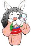  1girl black_hair eyes_closed furry japanese_clothes rabbit setouchi_kurage solo 