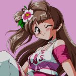  90s blush breasts brown_eyes brown_hair choker choroli_(chorolin) commentary_request happy_maker! long_hair love_live! love_live!_school_idol_project minami_kotori one_eye_closed pink_background thighhighs white_choker 