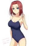  alternate_costume arm_at_side armpits blue_eyes blue_swimsuit blush breasts cleavage closed_mouth code_geass collarbone competition_school_swimsuit covered_navel cowboy_shot fingernails from_side hand_up highres kallen_stadtfeld large_breasts long_fingernails looking_at_viewer one-piece_swimsuit partially_translated pulled_by_self red_hair school_swimsuit setu_kurokawa shiny shiny_hair short_hair sideboob solo standing straight_hair strap_pull swimsuit taut_clothes thighs translation_request v-shaped_eyebrows 