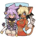  2girls alicia_priss animal_ears armlet bangs bare_arms black_hair blonde_hair blue_eyes blush breasts cat_ears cat_tail catgirl cleavage cleavage_cutout dark_skin earrings eyebrows_visible_through_hair facial_mark fang female fur_trim gloves hair_between_eyes hand_gesture hand_on_another&#039;s_shoulder jewelry little_tail_bronx midrif multicolored_hair multiple_girls navel simple_background solatorobo tail tail_concerto two-tone_hair v white_gloves 