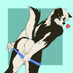  &lt;3 2018 anthro anus blue_eyes butt canine clothing dog donkles leaning leaning_forward looking_back male mammal penis presenting presenting_anus presenting_hindquarters raised_tail rear_view simple_background smile solo underwear underwear_down 