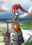  armor armored_dress bow breastplate character_request cloud cloudy_sky day dress faulds floating_hair from_side gauntlets goemon1110 hair_bow hands_on_hilt highres long_hair looking_down outdoors ponytail red_eyes red_hair sidelocks sky sleeveless sleeveless_dress solo standing white_bow white_dress 