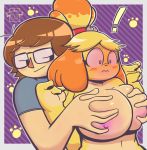  ! 2018 accessory animal_crossing anthro areola bell big_breasts blush breast_squish breasts canine clothed clothing digital_media_(artwork) dog duo eyelashes eyewear female fur glasses grope hair hi_res huge_breasts human human_on_anthro interspecies invalid_tag isabelle_(animal_crossing) logo male male/female mammal nintendo nipples nude pawpads pawprint shih_tzu simple_background smile smirk standing surprise sweater_pups_(artist) video_games villager_(animal_crossing) yellow_fur 