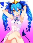  armpits bangs bare_shoulders blue_hair bombergirl breasts brown_eyes commentary_request crossed_legs crown drill_hair heart heart-shaped_pupils lewisia_aquablue licking looking_at_viewer marota pointy_ears sleeveless small_breasts solo symbol-shaped_pupils tail twin_drills twintails 