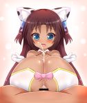  1girl animal_ears animal_print bare_shoulders bell blue_bow blue_eyes blush bow breast_squeeze breasts brown_hair cat_ears censored cleavage cleavage_cutout collar cow_print cum cum_on_body cum_on_breasts cum_on_upper_body dark_skin dress ejaculation ejaculation_between_breasts female gloves hair_bow hair_ornament huge_breasts kane-neko long_hair open_mouth original paizuri paizuri_under_clothes penis pink_bow pov shiny shiny_hair shiny_skin solo solo_focus standing surprised two_side_up upper_body white_gloves 