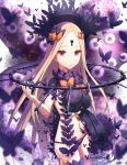  abigail_williams_(fate/grand_order) bangs black_bow black_dress black_hat blonde_hair bow bug butterfly commentary_request cowboy_shot dissolving_clothes dress eyebrows_visible_through_hair fate/grand_order fate_(series) forehead hair_bow hand_up hat highres insect key keyhole long_hair long_sleeves looking_at_viewer navel object_hug orange_bow panties parted_bangs parted_lips polka_dot polka_dot_bow purple_panties red_eyes sakaokasan sleeves_past_fingers sleeves_past_wrists solo stuffed_animal stuffed_toy teddy_bear tentacles underwear very_long_hair 
