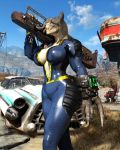  2018 3d_(artwork) anthro big_breasts breasts car claws clothed clothing deathclaw digital_media_(artwork) fallout female forked_tongue holding_object holding_weapon horn nipples pip-boy ranged_weapon rocket_launcher scalie solo sowat-blend standing tongue vault_suit vehicle video_games weapon 