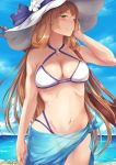  1girl adjusting_hair alternate_costume arm_at_side artist_name bangs bare_arms bare_shoulders beach bikini blue_bikini blue_sarong blue_sky blue_swimsuit blush bolt_action breasts cleavage closed_mouth cloud collarbone collared_shirt cowboy_shot criss-cross_halter day eyebrows_visible_through_hair female girls_frontline green_eyes groin gun hair_between_eyes hair_rings halterneck hand_up hat highleg highleg_bikini highleg_swimsuit highres hiroki_ree large_breasts legs light_brown_hair long_hair looking_at_viewer m1903_springfield m1903_springfield_(girls_frontline) navel neck o-ring o-ring_bikini o-ring_swimsuit o-ring_top ocean outdoors rifle sand sarong sea see-through shirt sidelocks signature sky smile solo standing stomach summer sun_hat swimsuit thighs water weapon weapon_on_back white_bikini white_hat white_swimsuit 