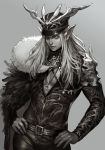  belt black_cape black_hat cape cleavage_cutout earrings elf fur_trim grey_background greyscale hands_on_hips hat highres jewelry kyoung_hwan_kim long_hair looking_at_viewer monochrome necklace original pointy_ears solo standing 