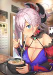  absurdres asymmetrical_hair bangs bare_shoulders blue_eyes blue_kimono blurry blurry_background blush body_mahattaya_ginga bowl breasts chopsticks cleavage closed_mouth collarbone detached_collar detached_sleeves earrings eating eyebrows_visible_through_hair fanbox_reward fate/grand_order fate_(series) fingernails food gem hair_between_eyes hair_ornament highres holding holding_chopsticks indoors japanese_clothes jewelry kimono large_breasts leaf_print looking_at_viewer magatama miyamoto_musashi_(fate/grand_order) mouth_hold nail_polish noodles obi paid_reward pink_hair pink_nails ponytail ramen sash shiny shiny_skin short_kimono sidelocks sleeveless sleeveless_kimono tray 