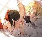  2girls ^_^ anus ass bar_censor bare_shoulders black_eyes black_hair blush bottomless bow braid breast_grab breasts censored closed_eyes commentary_request decensored detached_sleeves eyebrows_visible_through_hair eyes_closed female grabbing hair_bow hair_tubes hakurei_reimu indoors kirisame_marisa kneehighs leg_up long_sleeves lying multiple_girls nipples no_hat no_headwear on_back piyokichi puffy_short_sleeves puffy_sleeves purple_bow pussy red_bow short_sleeves sidelocks single_braid sleeveless small_breasts spread_legs thighhighs third-party_edit tongue tongue_out touhou uncensored wavy_hair white_legwear yuri 